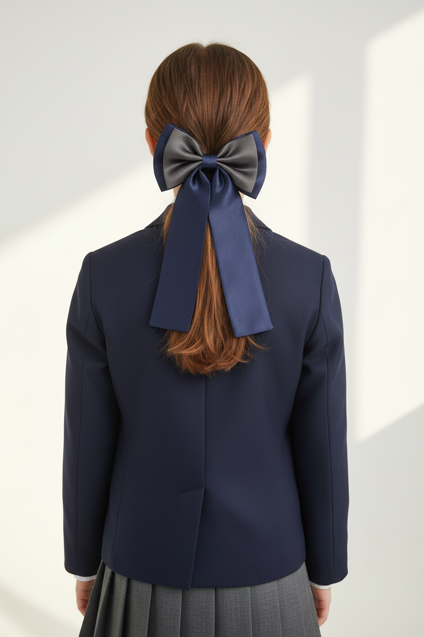 Niña de espaldas con uniforme escolar azul marino y gris luciendo la Rosita Margarita en media coleta